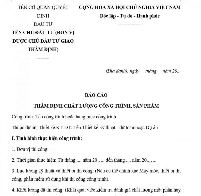 Báo cáo thẩm định chất lượng công trình, sản phẩm