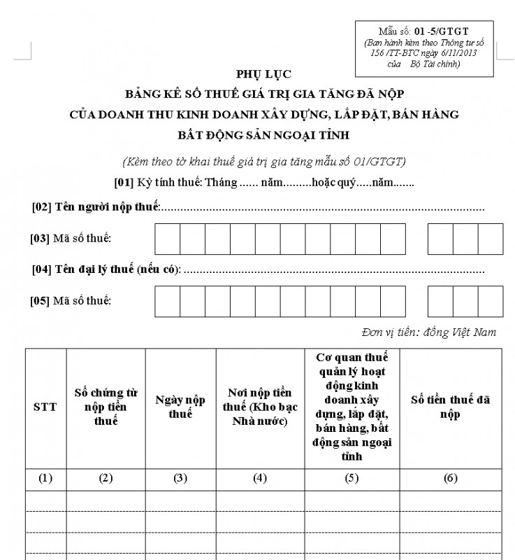Bảng kê số thuế GTGT đã nộp của doanh thu kinh doanh XD, lắp đặt, bán hàng, BĐS ngoại tỉnh