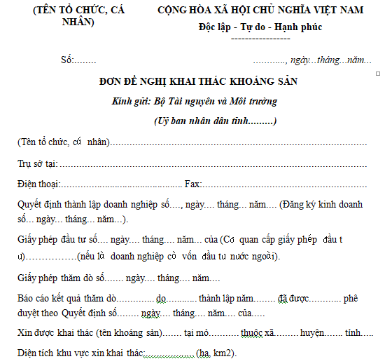 Mẫu đơn đề nghị khai thác khoáng sản