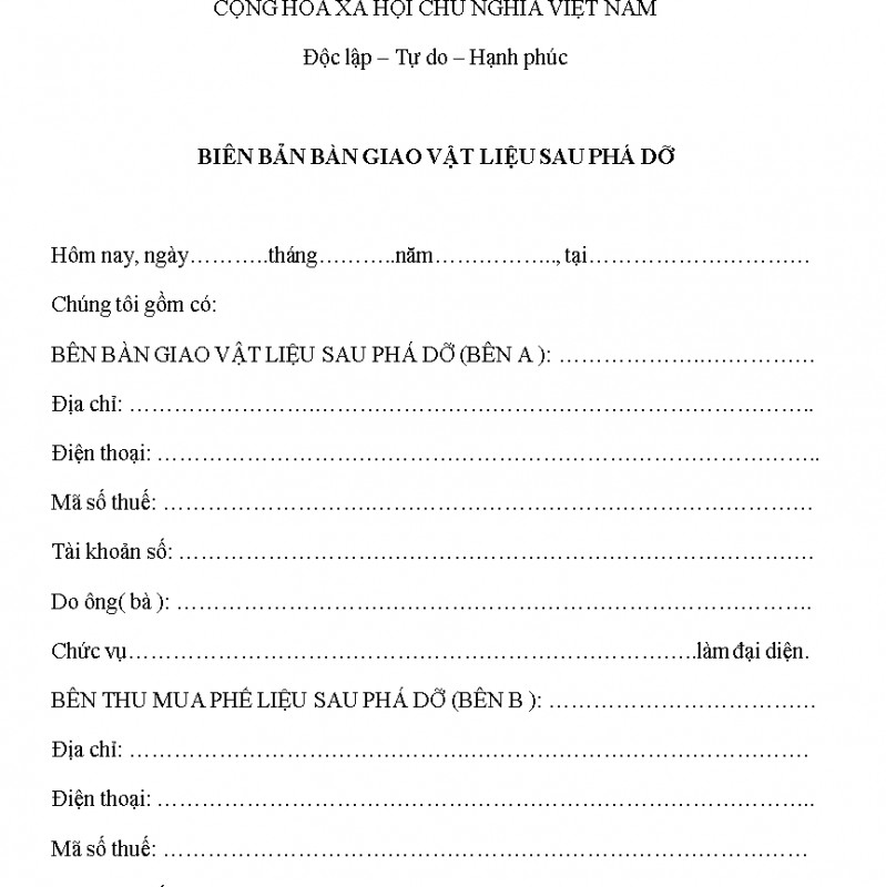Mẫu biên bản bàn giao vật liệu sau phá dỡ