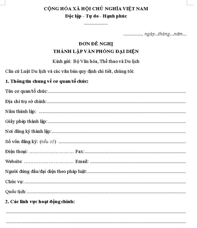 Mẫu đơn đề nghị thành lập văn phòng đại diện du lịch