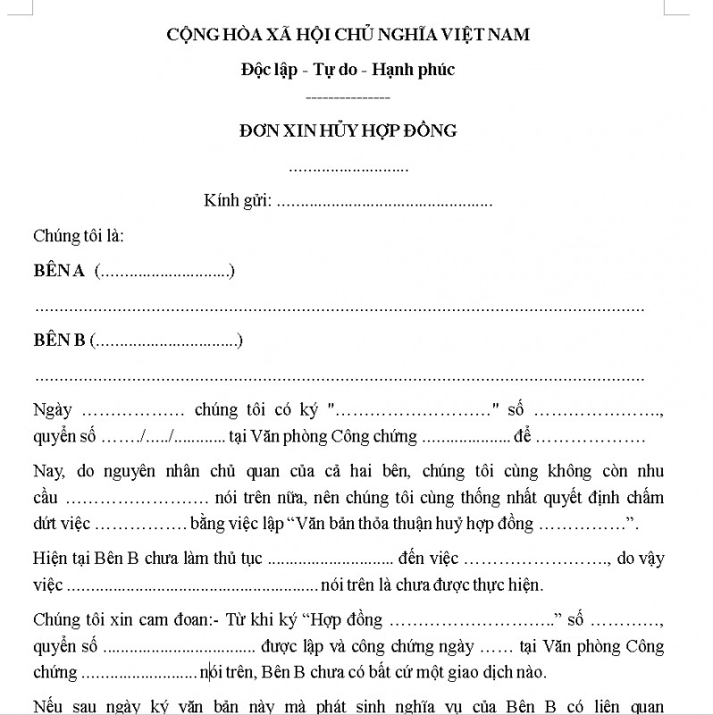 Mẫu đơn xin hủy hợp đồng