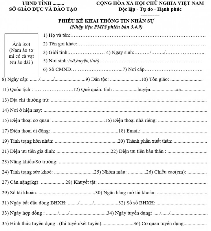 Mẫu phiếu kê khai thông tin nhân sự
