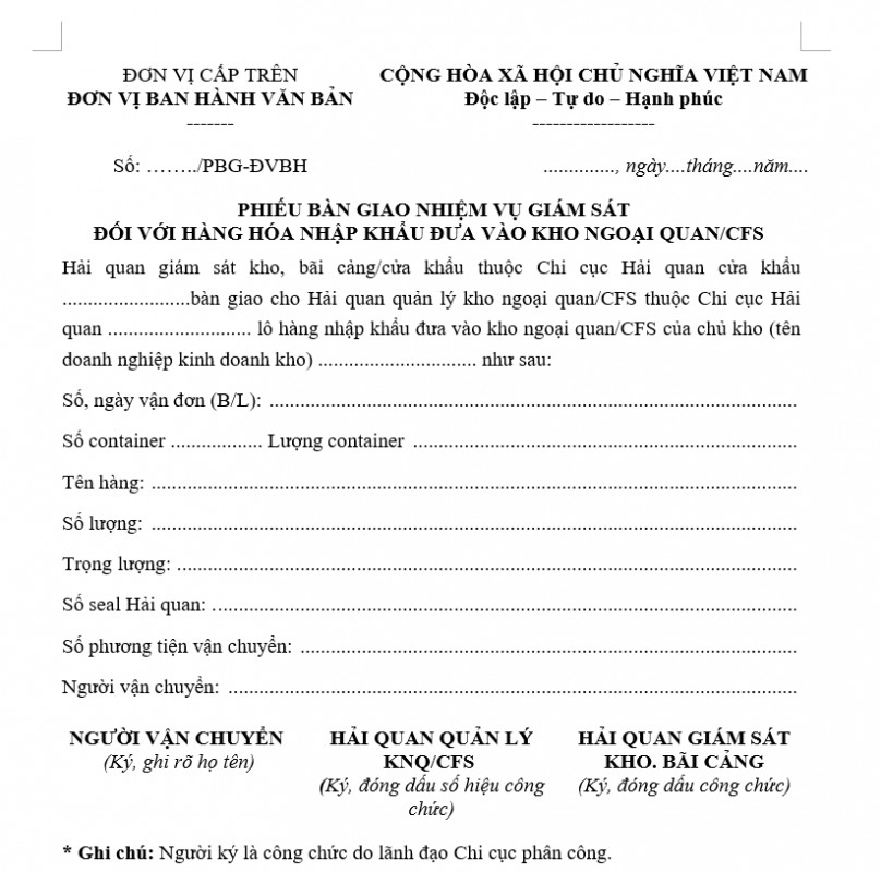Mẫu phiếu bàn giao nhiệm vụ giám sát hàng hóa nhập khẩu