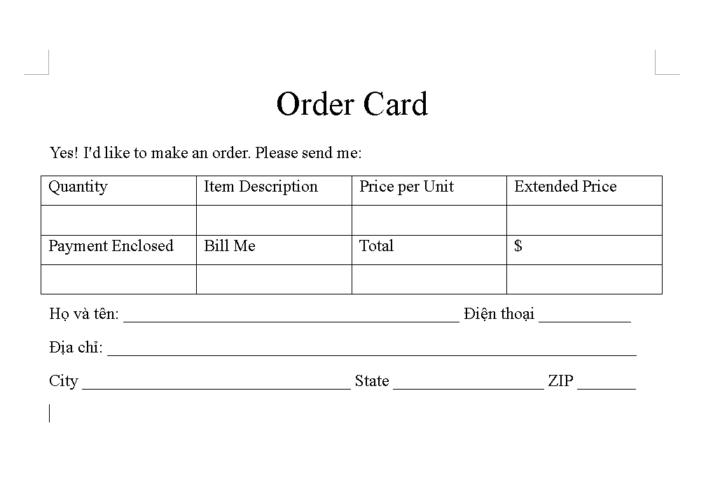 Mẫu thẻ đặt hàng - Tiếng Anh