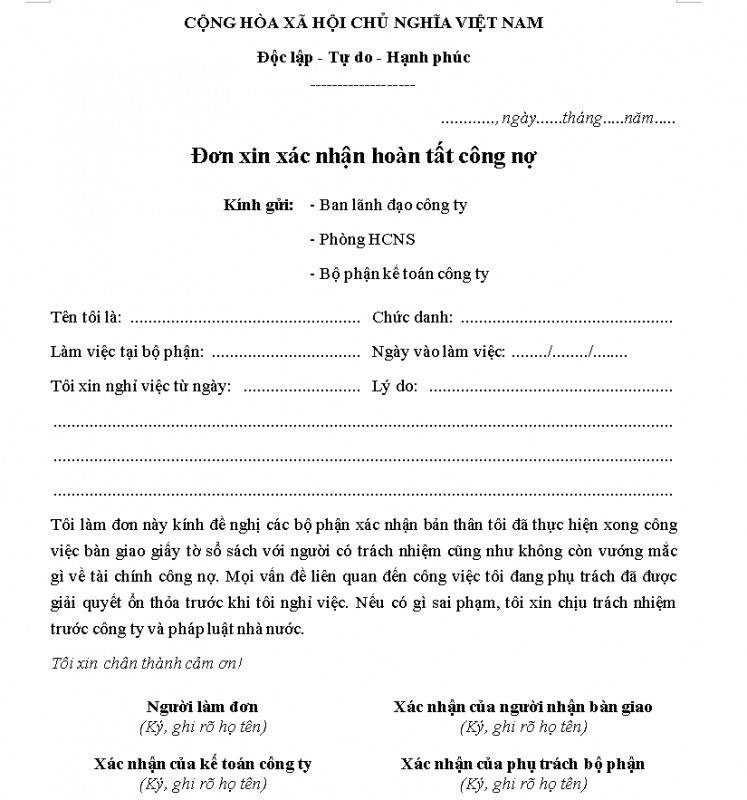 Mẫu đơn xin xác nhận hoàn tất công nợ