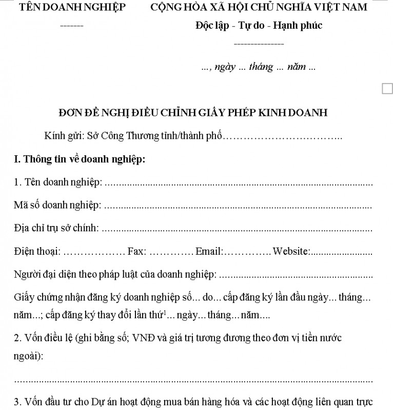 Mẫu Đơn đề nghị điều chỉnh giấy phép kinh doanh