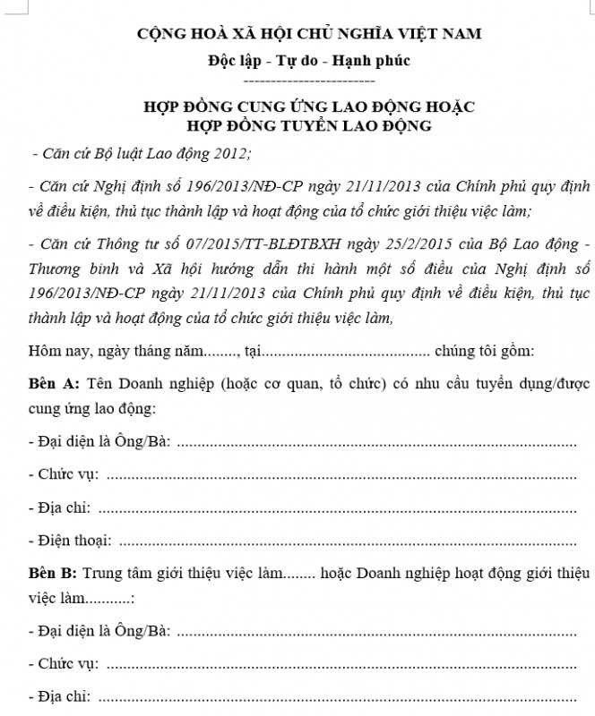 Mẫu hợp đồng tuyển lao động
