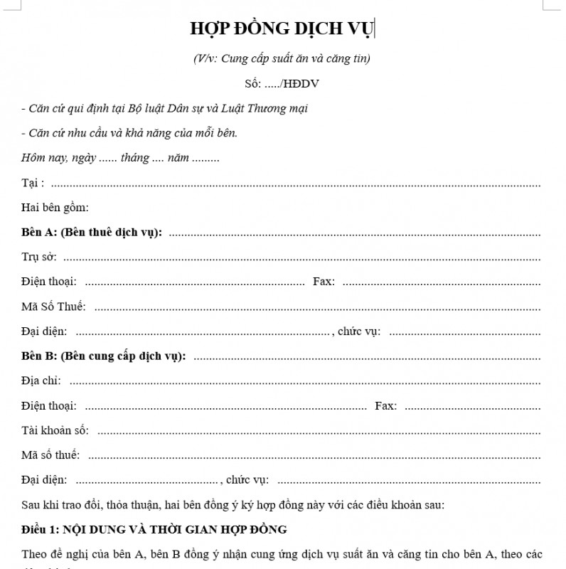 Mẫu hợp đồng dịch vụ ăn uống mới nhất