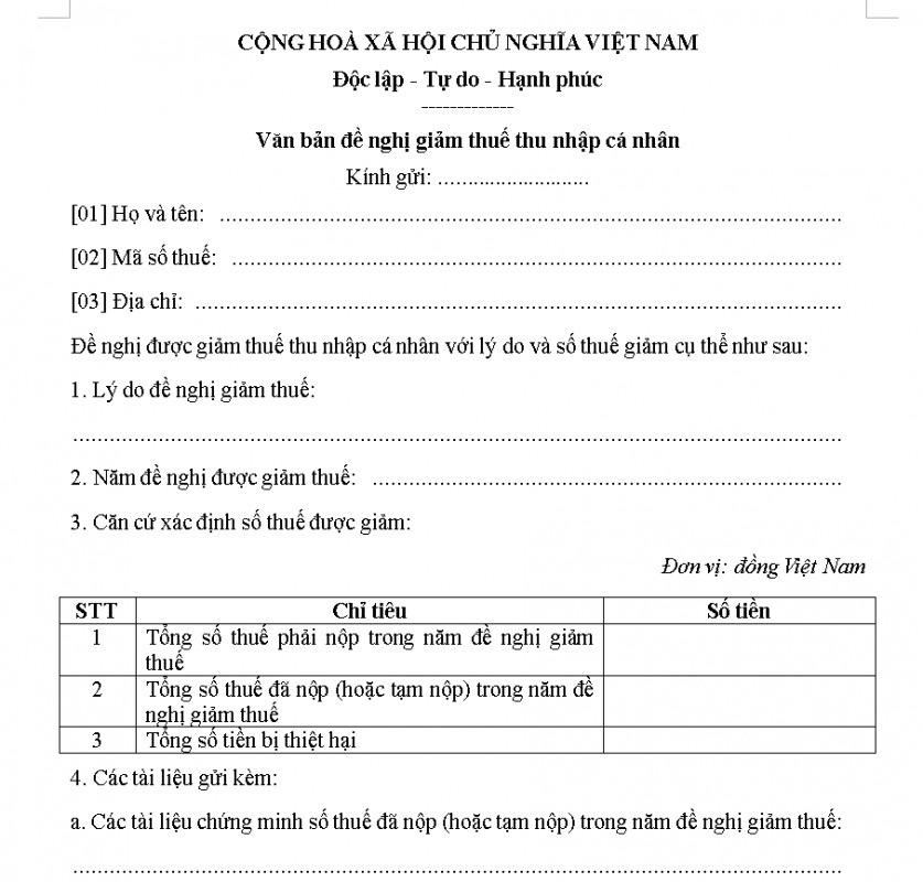 Mẫu văn bản đề nghị giảm thuế thu nhập cá nhân