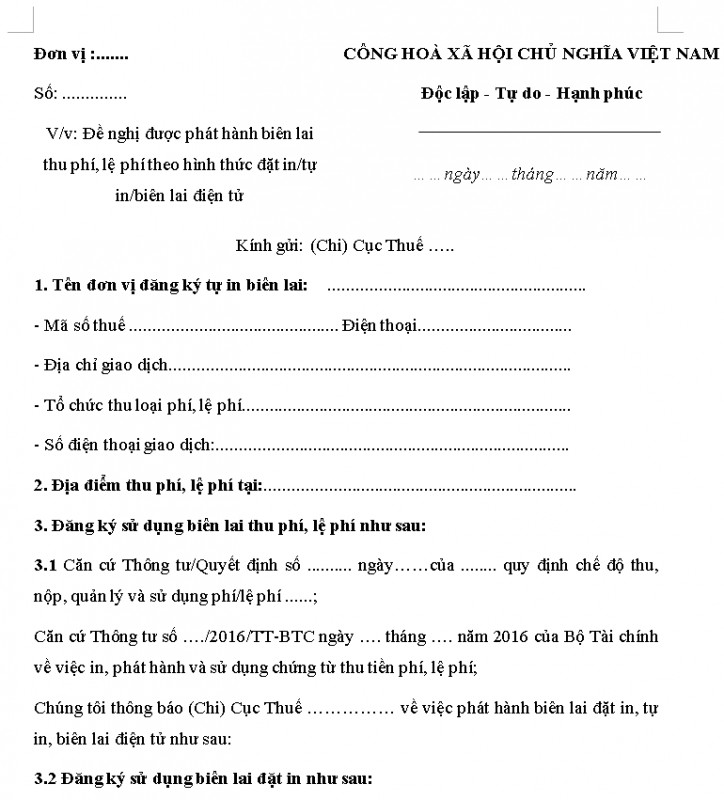 Mẫu thông báo phát hành biên lai thu tiền phí, lệ phí