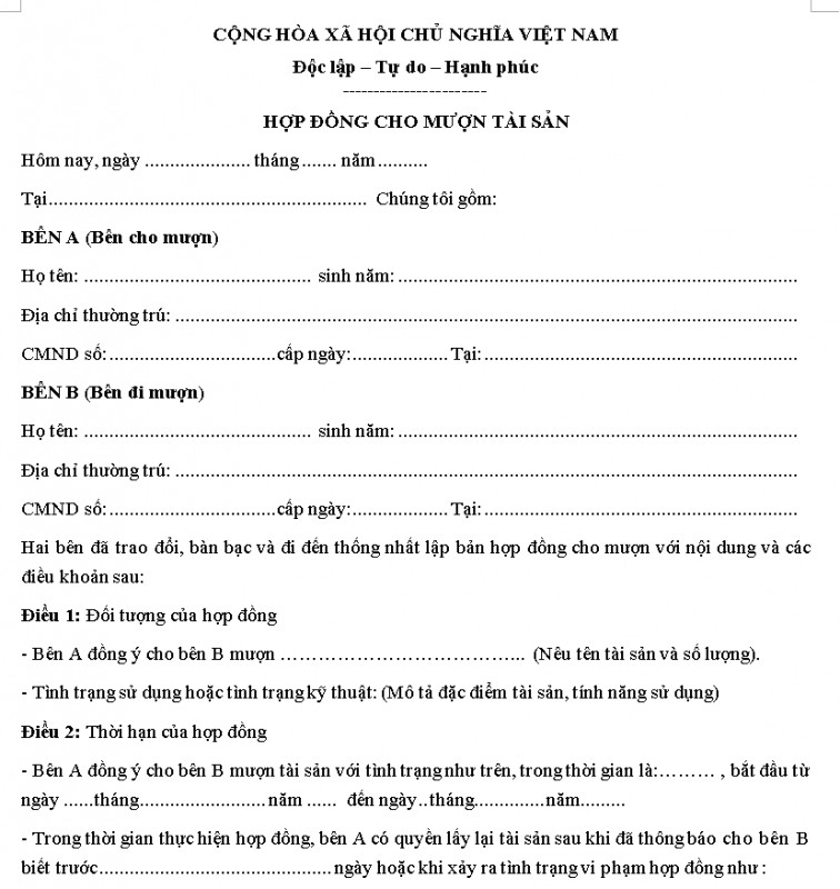 Mẫu hợp đồng cho mượn tài sản