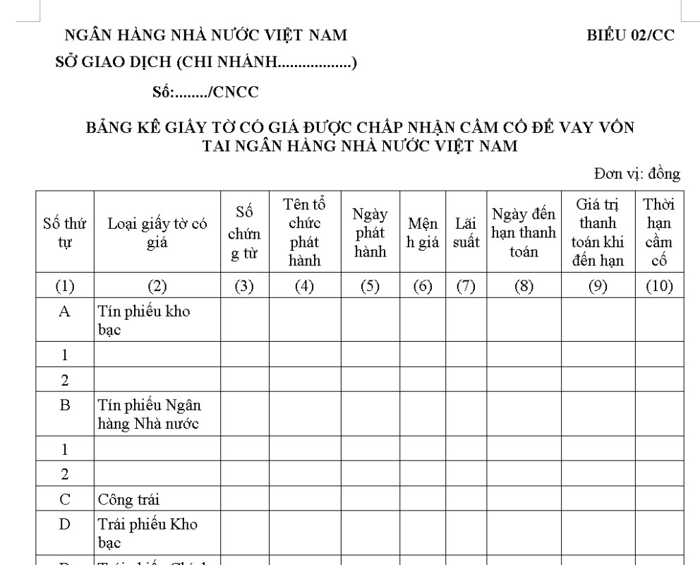 Mẫu bảng kê giấy tờ có giá trị để cầm cố vay vốn