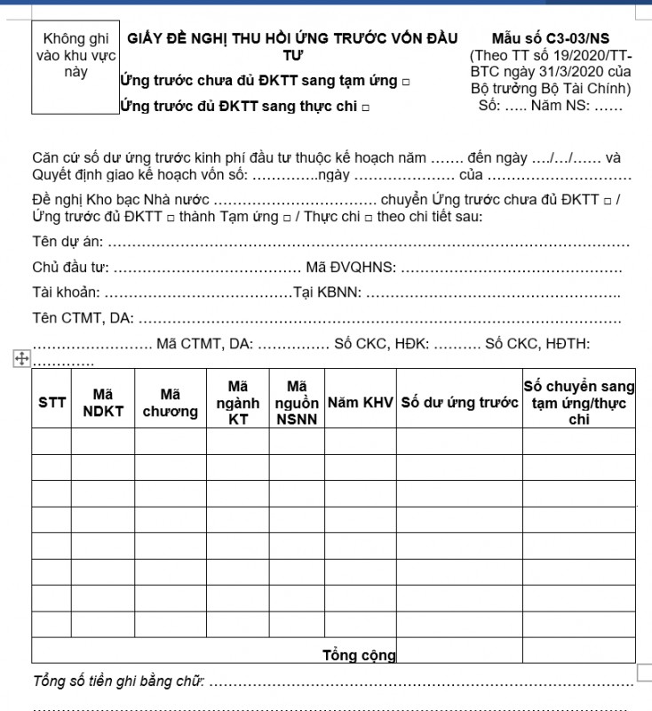 Mẫu C3-03/NS giấy đề nghị thu hồi ứng trước vốn đầu tư