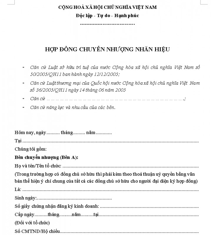 Mẫu Hợp đồng chuyển nhượng nhãn hiệu