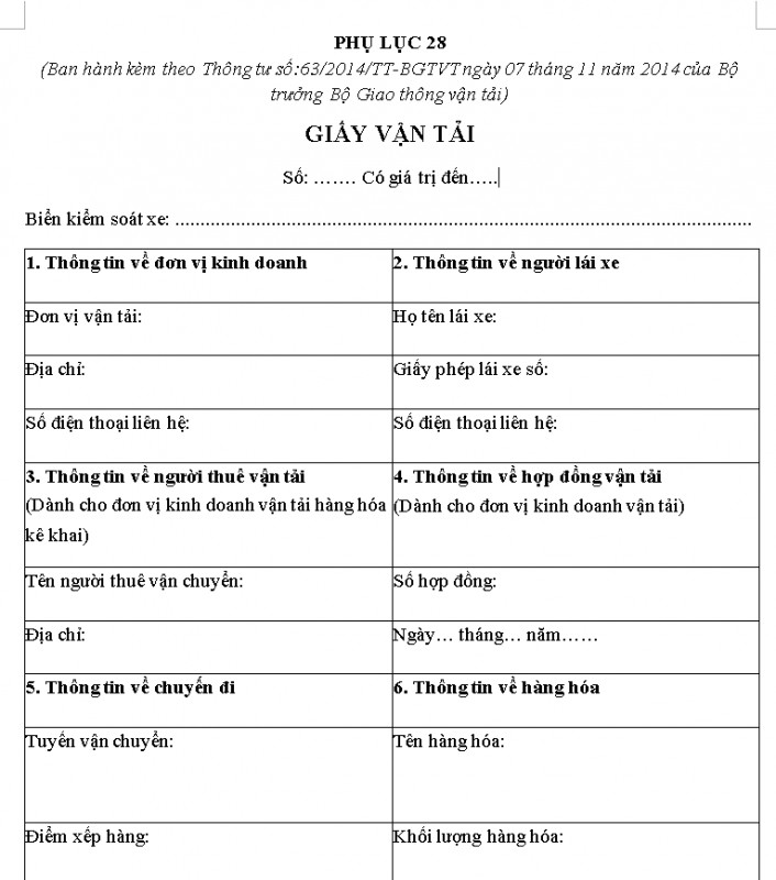 Mẫu giấy vận tải