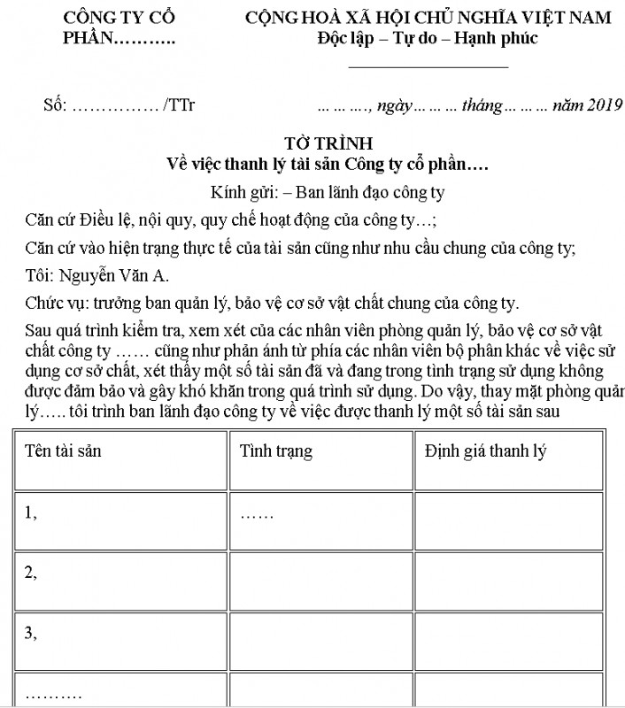 Mẫu tờ trình thanh lý tài sản