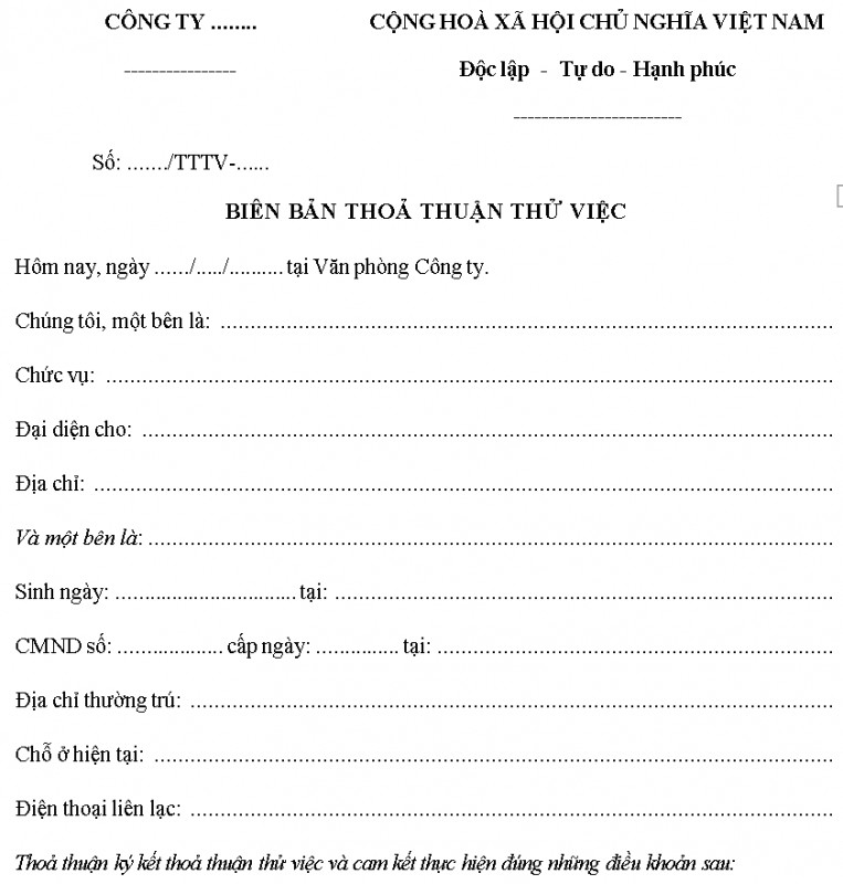 Mẫu biên bản thỏa thuận thử việc