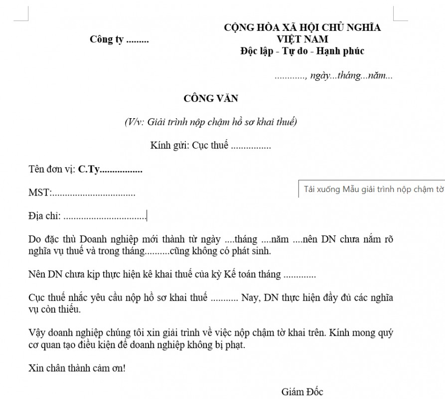 Mẫu giải trình nộp chậm tờ khai thuế