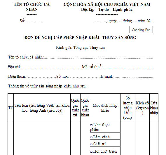 Đơn đề nghị cấp phép nhập khẩu thủy sản sống