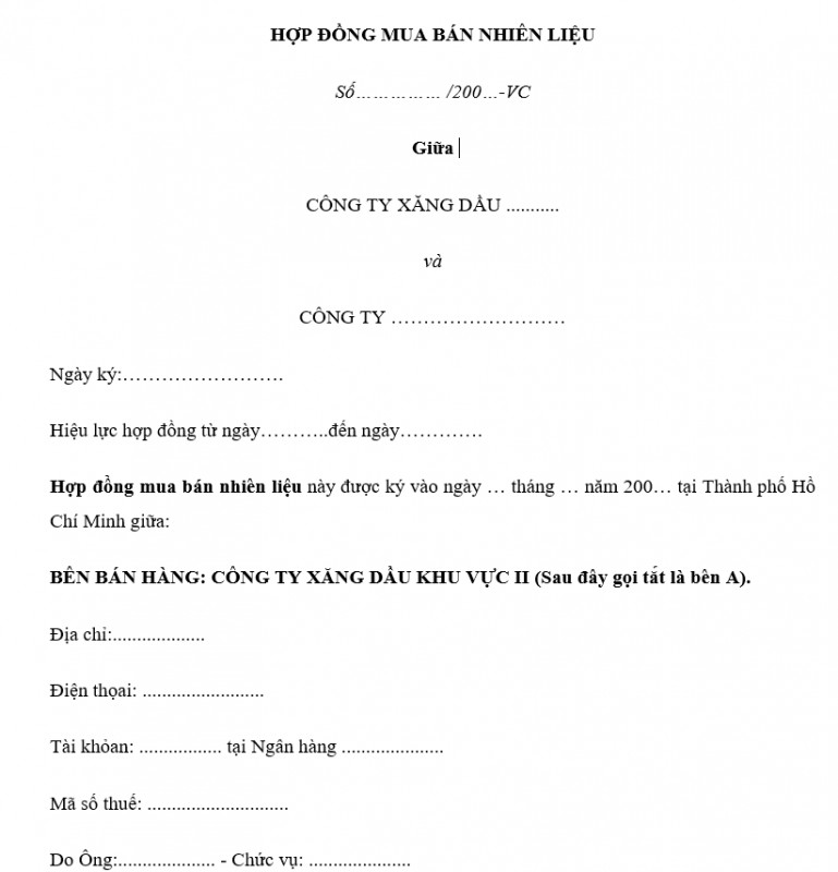 Mẫu hợp đồng mua bán xăng dầu
