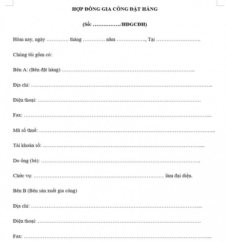 Mẫu hợp đồng gia công đặt hàng trong nước