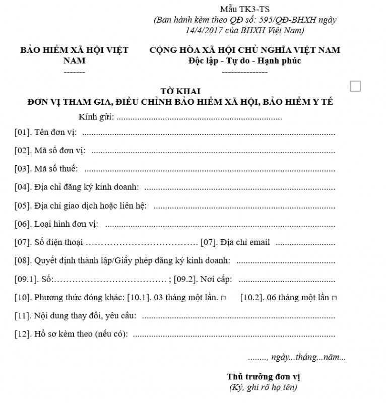 Mẫu tờ khai đơn vị tham gia, điều chỉnh BHXH, BHYT - Mẫu TK3-TS