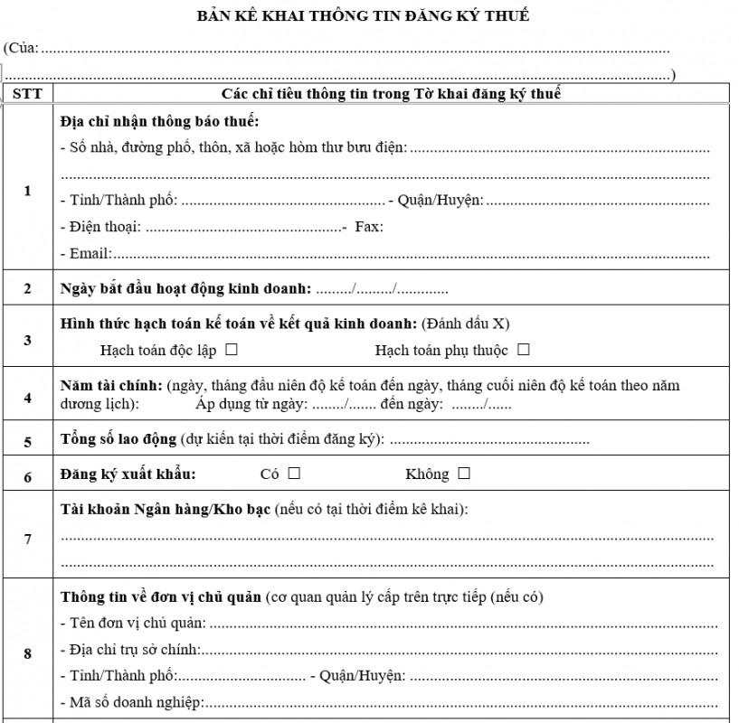 Mẫu bản kê khai thông tin đăng ký thuế
