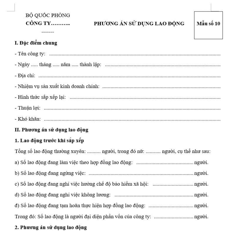 Mẫu phương án sử dụng lao động