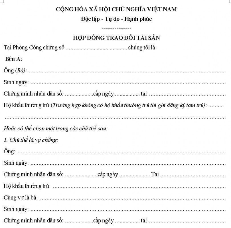 Mẫu hợp đồng trao đổi tài sản