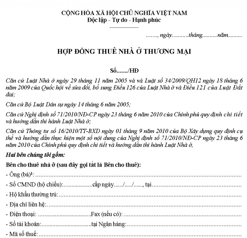 Mẫu hợp đồng thuê nhà ở thương mại