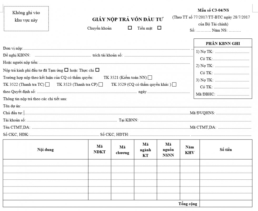 Mẫu C3-04/NS giấy nộp trả vốn đầu tư