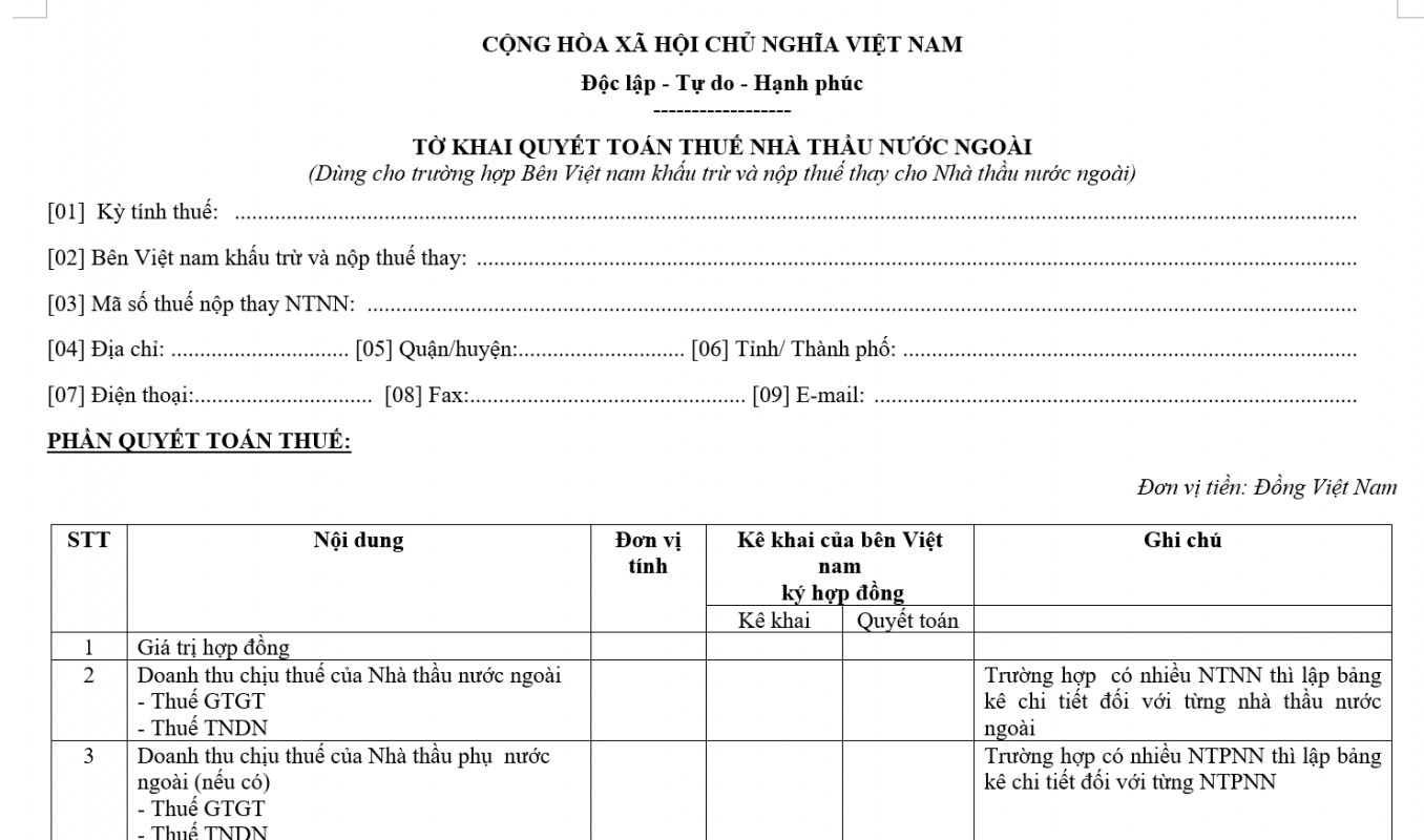 Mẫu tờ khai quyết toán thuế nhà thầu nước ngoài