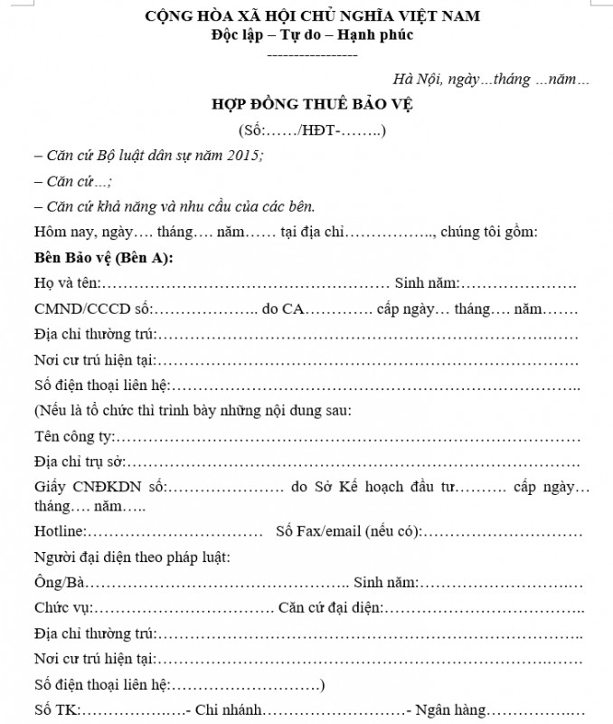 Mẫu hợp đồng thuê bảo vệ