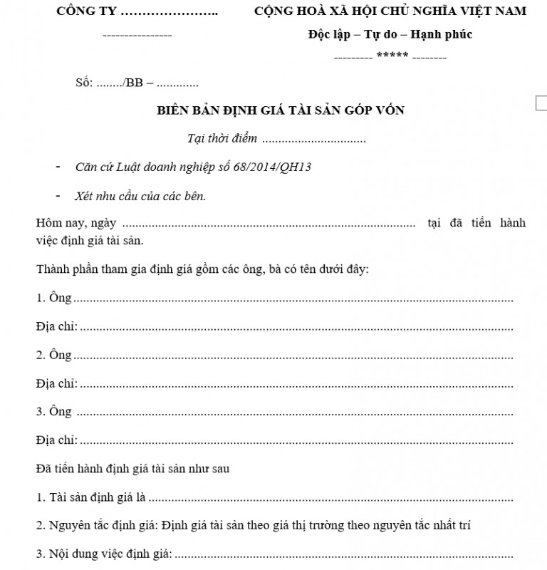 Mẫu biên bản định giá tài sản