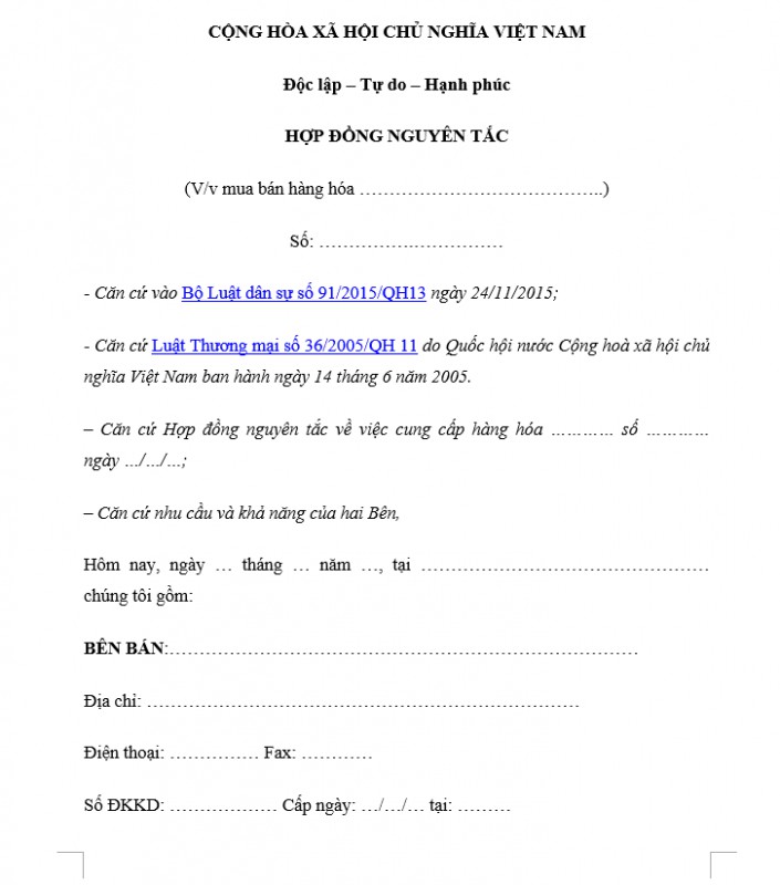 Mẫu hợp đồng nguyên tắc bán hàng mới nhất