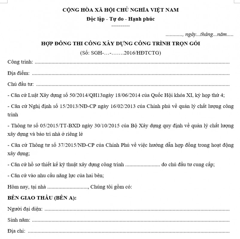 Mẫu hợp đồng thi công xây dựng công trình trọn gói