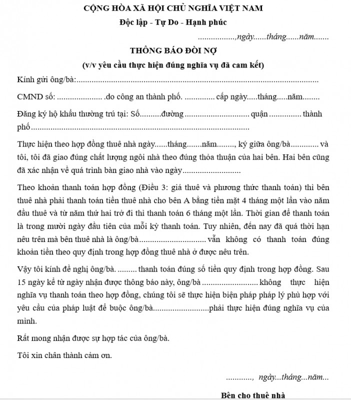 Mẫu thông báo đòi nợ mới nhất