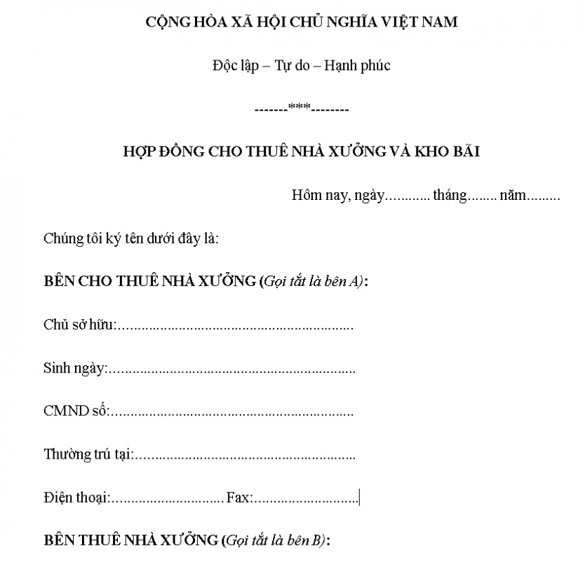 Mẫu hợp đồng thuê đất làm nhà xưởng mới nhất