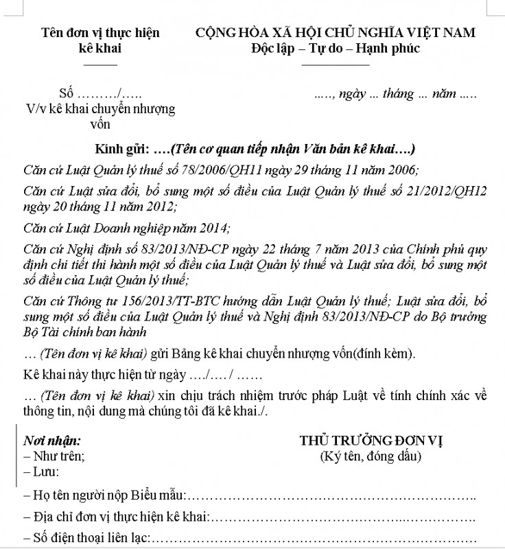 Mẫu kê khai chuyển nhượng vốn