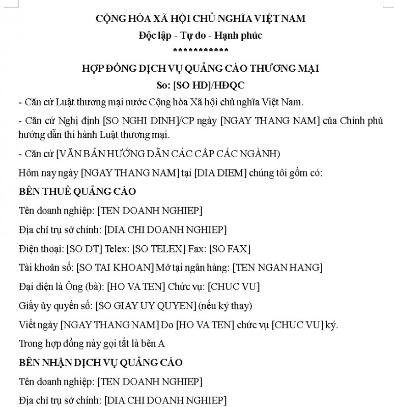 Mẫu hợp đồng dịch vụ quảng cáo thương mại