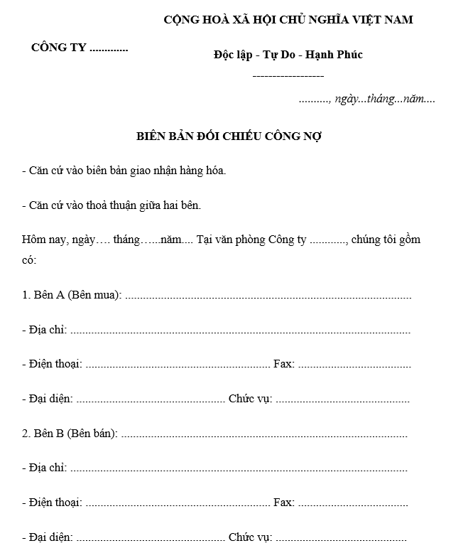 Mẫu biên bản đối chiếu công nợ mới nhất