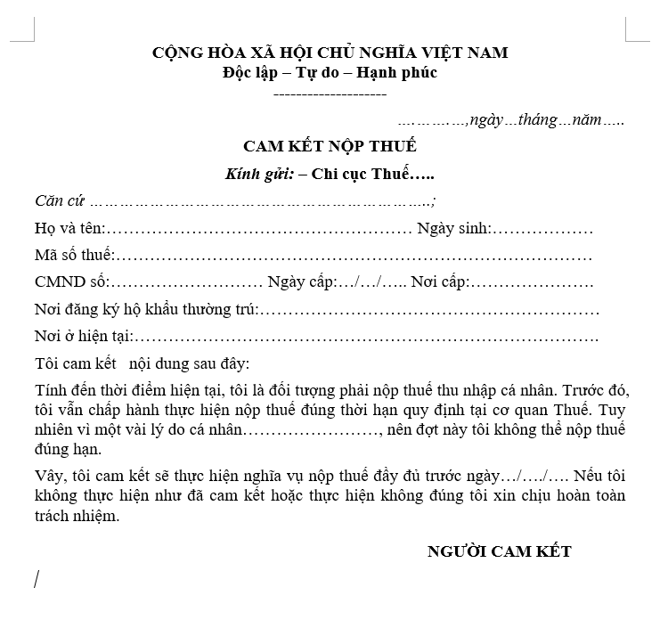 Mẫu cam kết nộp thuế