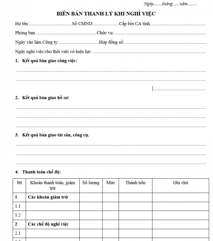 Mẫu biên bản thanh lý nghỉ việc