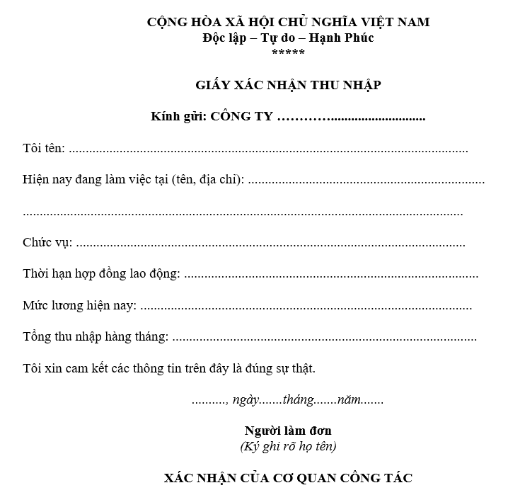 Mẫu giấy xác nhận thu nhập