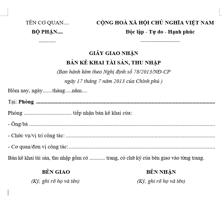 Mẫu giấy giao nhận bản kê khai tài sản, thu nhập
