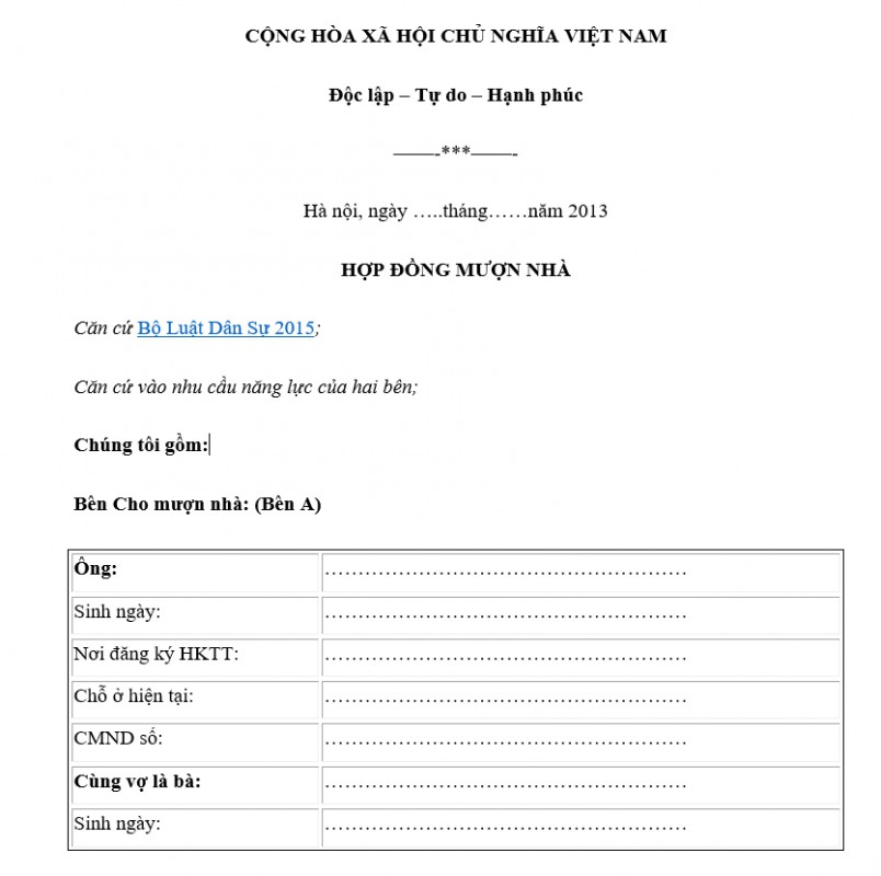 Mẫu hợp đồng mượn nhà làm văn phòng