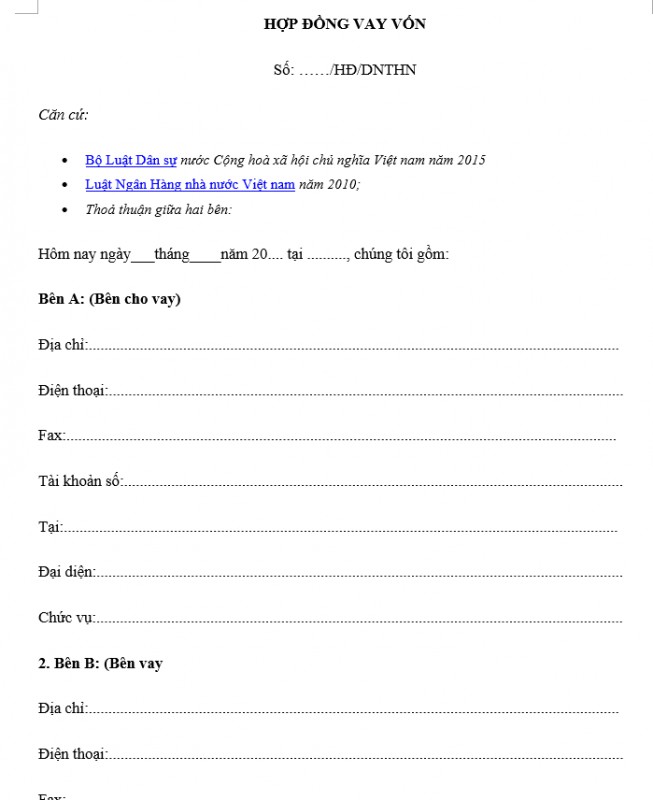 Mẫu hợp đồng vay vốn mới nhất năm 2020