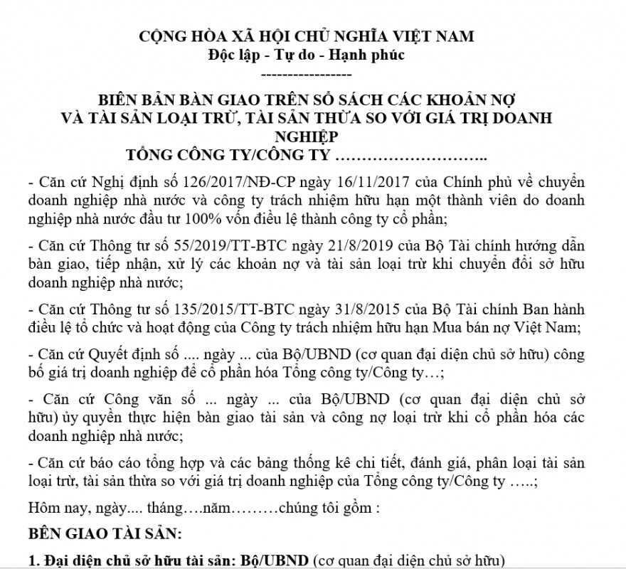 Mẫu biên bản bàn giao trên sổ sách nợ và tài sản loại trừ