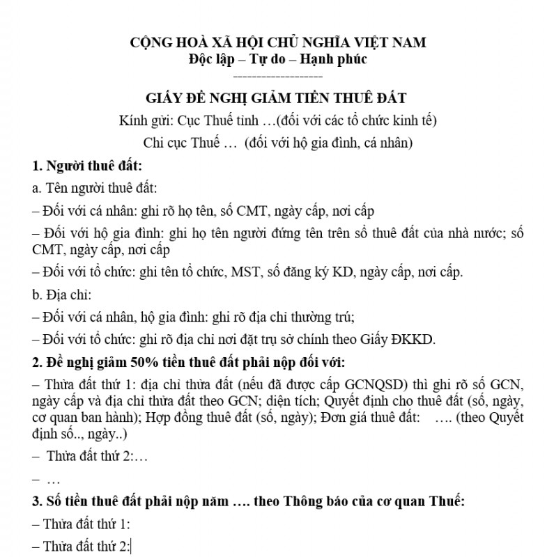 Mẫu giấy đề nghị giảm tiền thuê đất
